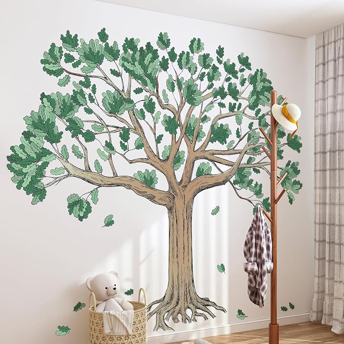Amaonm Large Watercolor Family Tree Wall Decals 4 Pack 12x36 Inch Brown Trees with Green Leaves Peel & Stick Wall Stickers Decor for Kids Bedroom Living Room, Nursery, Classroom Home Wall (Tree) - Image 3