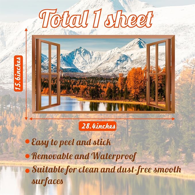 3D Fake Windows Wall Stickers Winter Mountain Lake Wall Stickers Removable Nature Landscape Faux Windows Wall Decals Peel and Stick Forest Wall Art Mural Stickers for Living Room Bedroom Kitchen Decor - Image 4