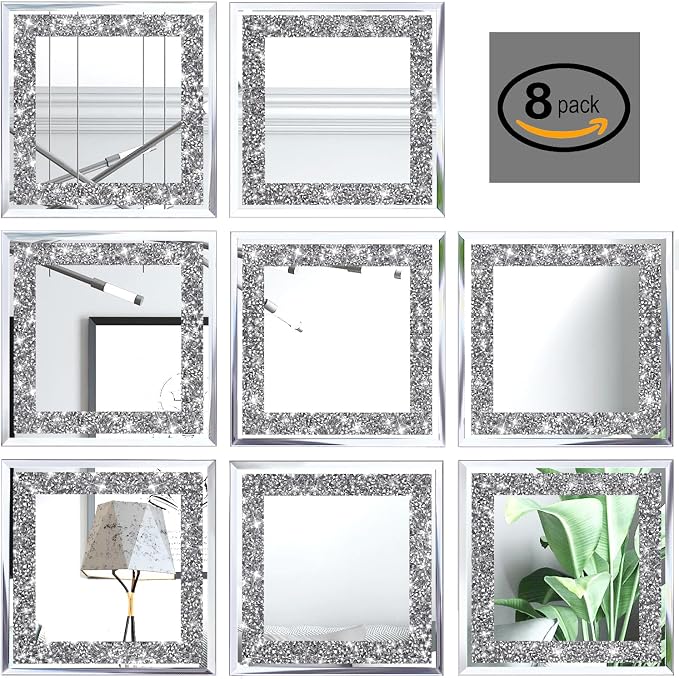 Crush Diamond Mirrors Wall Decor 6inch Mirror Tiles for Crafts, 8 Pack Square Silver Diamond Glass Mirrors for Home Wall Decor, Mosaics DIY. by XIHACTY