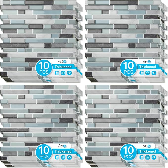 Art3d 10-Sheet Heavy-Duty Peel and Stick Backsplash, Waterproof Wall Tiles Stick on Kitchen Backsplash Living Space, Gray & Blue (Pack of 4) by Art3d