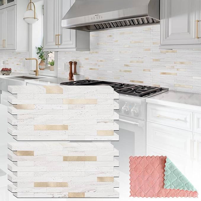 StyloVue 20 Sheets Peel and Stick Backsplash for Kitchen, Pearl White Sandstone with Metal Gold Look Stick on Tile Upgrade Your Kitchen Backsplash, RV, Fireplace by StyloVue