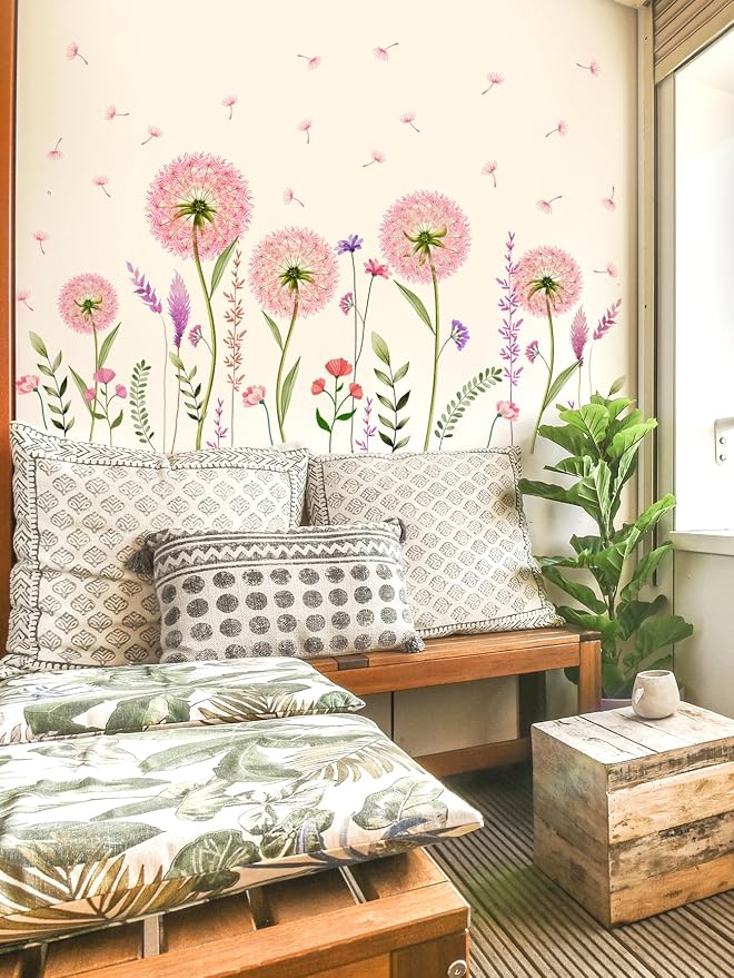 Pink Flower Dandelion Wall Stickers - Wildflower Fluffy Seed Soft Floral Wall Mural Peel & Stick Removable Wall Art Decals for Girl Bedroom Baby Nursery Kid Room,56 cm x 96 cm - Image 5