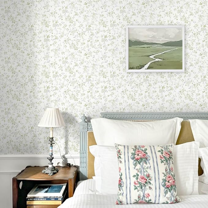 Peel and Stick Wallpaper for Nursery Green Cherry Blossom Waterproof | 197"×17.3" Green Floral Watercolor Wallpaper Gentle Accent Wall Decor with Grid Lines for Bedroom Vinyl Self-adhesive - Image 2