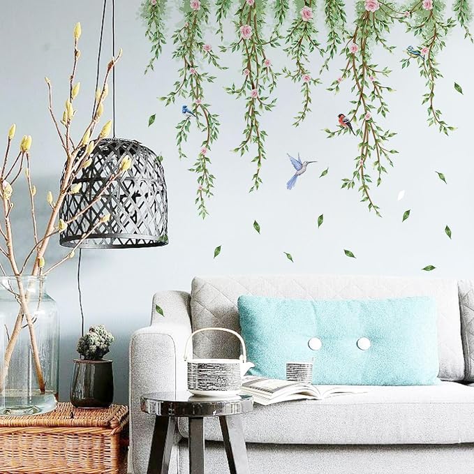 Hanging Vine Wall Decals with Birds Green Leaves Flowers | Removable, Peel and Stick, Forest Wall Art, For Bedroom Living Room Nursery Bathroom Kitchen - Image 5