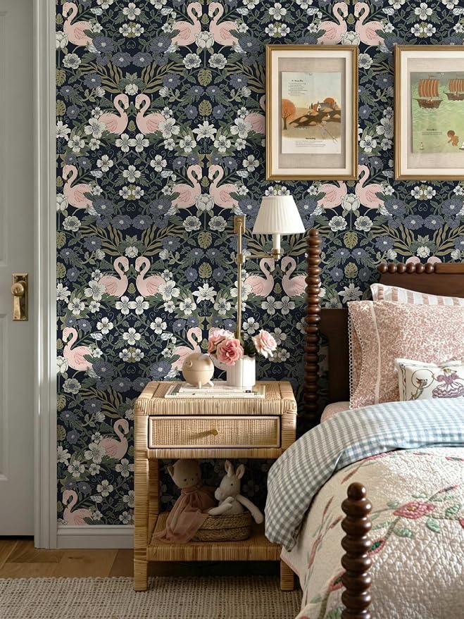Heroad Vintage Peel and Stick Wallpaper Boho Floral Flamingo Contact Paper Dark William Morris Wall Paper Removable Renter Friendly Wallpaper for Bedroom Nursery Farmhouse Vinyl Rolls 17.3''X 78.7'' - Image 2