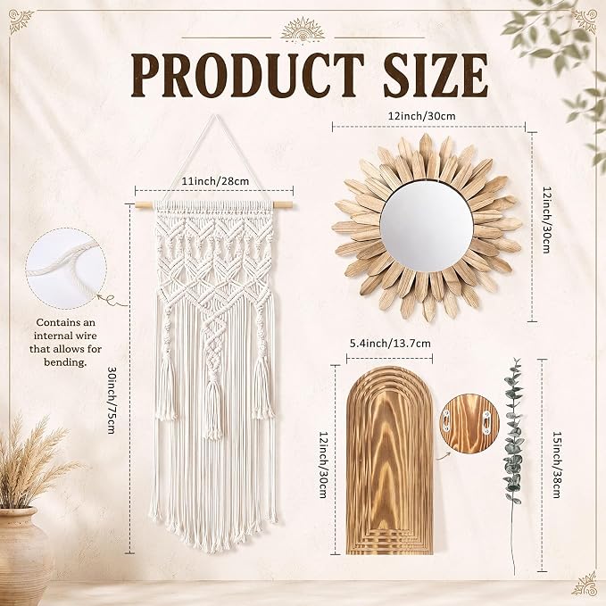 Novabright 9 Pcs Boho Decor Set Rustic Wood Boho Aesthetic Mirror Wooden Wall Vase Macrame Woven Wall Hanging 6 Pcs Eucalyptus Stems for Living Room Bedroom Home Party Wedding Decoration - Image 2