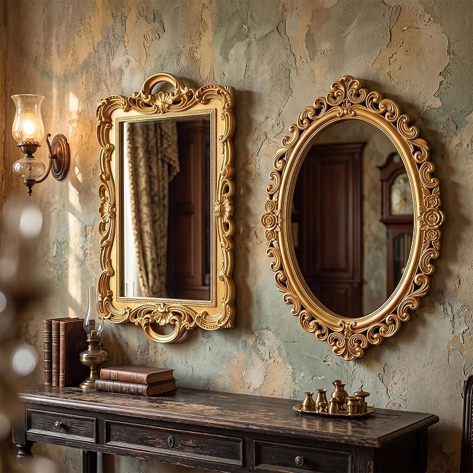 Beeveer 2 Style Vintage Mirrors Set Decorative Oval Wall Mirror Small Antique Mirrored Tray Decorative Hanging Mirror for Bathroom Bedroom Jewelry Organizer Victorian Decor (Square,Gold) - Image 4