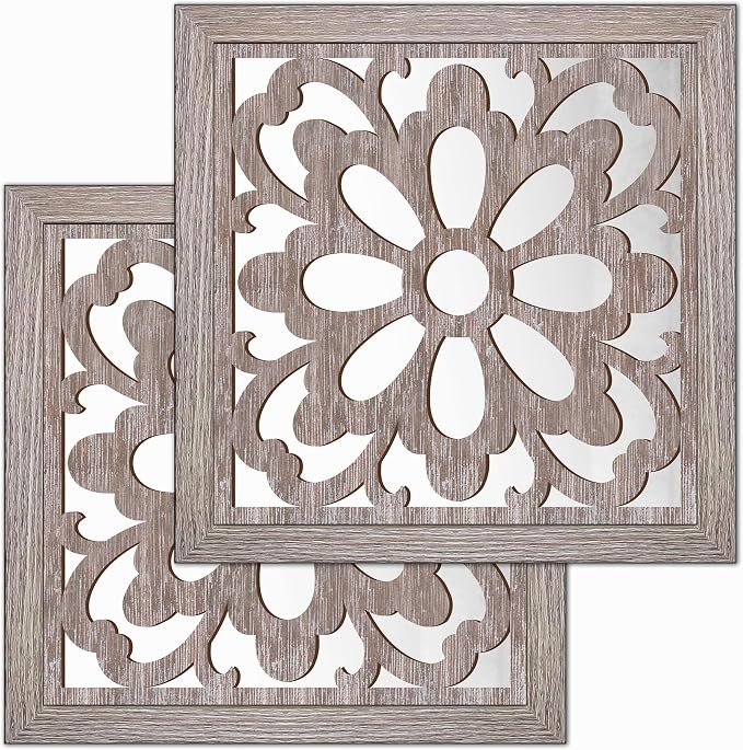 Yudarte 2pcs Set Square Mandala Cutout Wall Mirror Decor - Farmhouse Rustic Decorative Mirrors for Bedroom Bathroom Living Room Kitchen Entryway 12x12 Inches by Yudarte