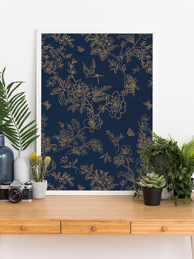 Froluya Dark Blue Peel and Stick Wallpaper Vintage Floral 17.7in×590.5in | Navy Blue and Gold Floral Self Adhesive Wall Paper Dark Birds Removable Decorative Contact Paper for Bathroom Cabinets Vinyl - Image 8