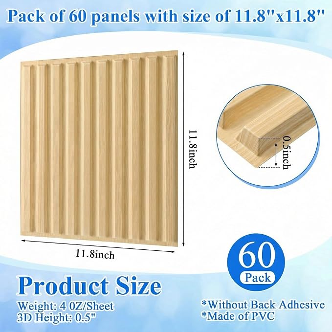 Nuanchu 60 Pcs 3D Wall Panels, 12"x12" PVC Fluted Tiles, Natural Oak | Waterproof Accent Panels, Paintable Wall Tiles, for TV Background, Bedroom, Bathroom, Gaming Room, Cuttable Home DIY Decor - Image 2