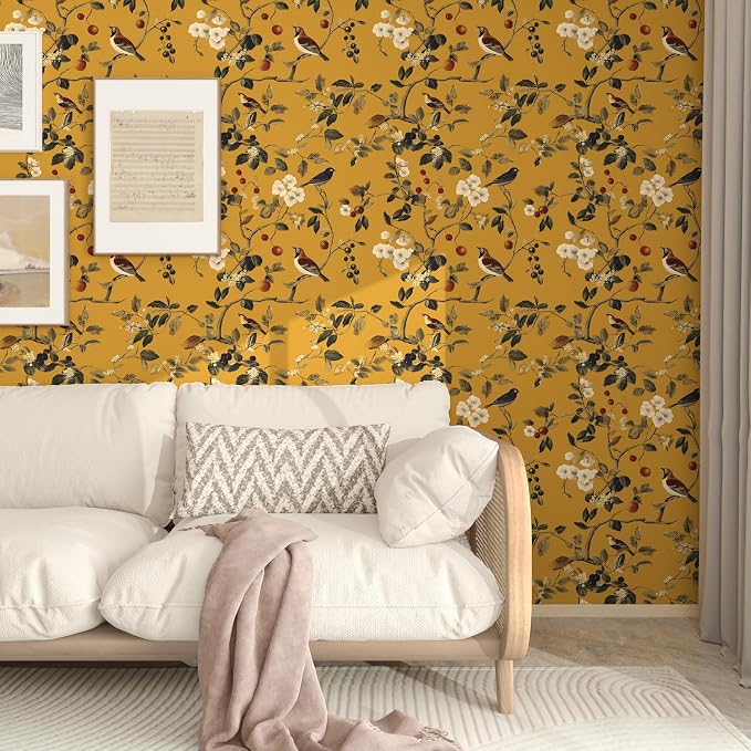 Laatse Vintage Yellow Floral Bird Wallpaper Peel and Stick 17.5"x393" | Self Adhesive/Removable/Waterproof/Thick Vinyl Contact Paper for Bathroom Bedroom Shelf Cabinet Drawer,Prepasted,Easy Peel - Image 7