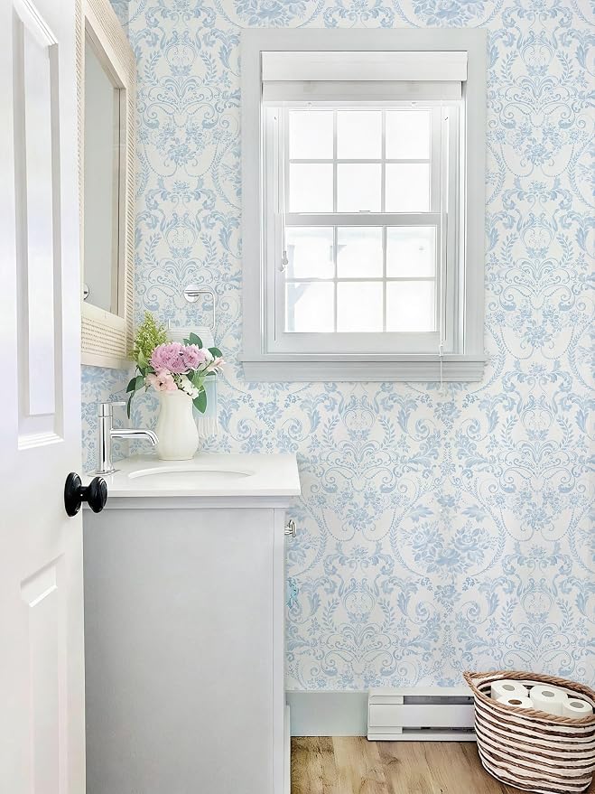 Ismoon Blue and White Wallpaper Floral Peel and Stick Wallpaper 17.3in x 16.4ft Vintage Damask Blue Contact Paper Boho Removable Watercolor Wall Paper for Bedroom Bthroom Kitchen Décor Vinyl - Image 3