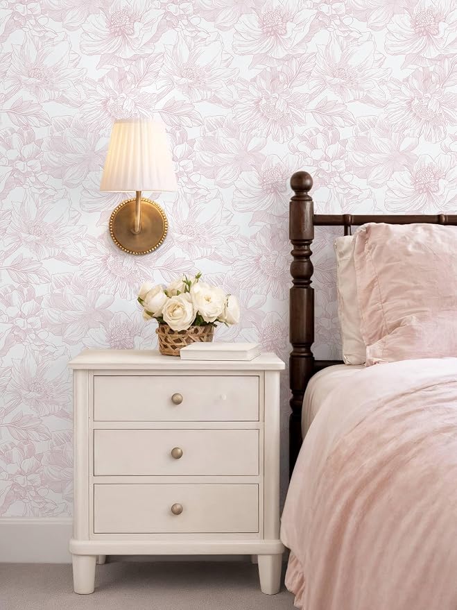 Ismoon Large Floral Peel and Stick Wallpaper Boho White/Pink Contact Paper 17.3inx6.5ft Removable Self Adhesive Bedroom Cabinet Mural Wall Decor Vinyl Roll - Image 2