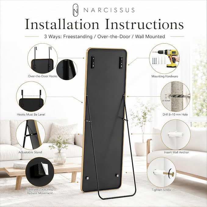 NARCISSUS Full Length Mirror 57x20 Inch, Over The Door Mirror with Stand, Wall Mounted or Freestanding/Door Hanging Full Body, Aluminum Alloy Frame, Gold - Image 7