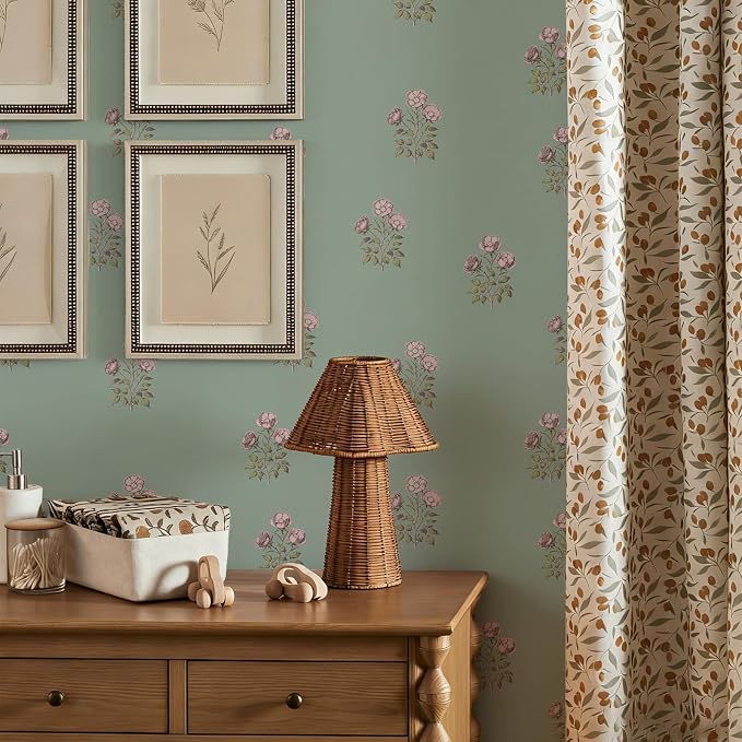 17.3"× 590.5" Vintage Floral Wallpaper Peel and Stick Boho Wallpaper Removable Waterproof Green Rose Pattern Contact Paper for Bedroom, Bathroom, Home Wall by LUKUUI