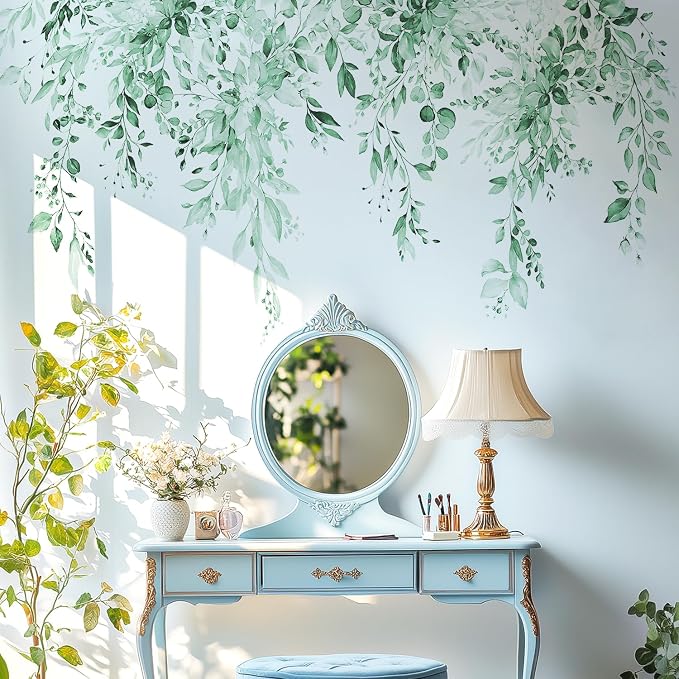 Mint Green Plants Leaves Wall Decals Peel and Stick, Large Floral Flowers Vinyl Wall Stickers, Removable Vine Home Decor Art for Bedroom Living Room Classroom Office - Image 7