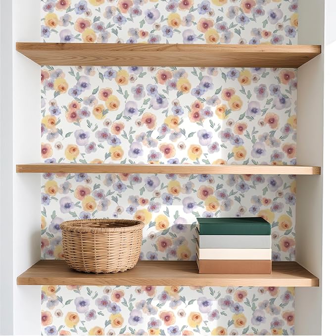 Orange Watercolor Floral Peel and Stick Wallpaper, 17.3" x 118" Soft Pastel Flower Removable Vinyl Wallpaper, Waterproof Self-Adhesive Vintage Floral Contact Paper for Nursery Bedroom Cabinets - Image 9