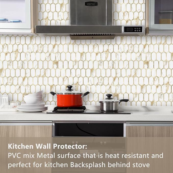 Vamos Tile Long Hexagon Peel and Stick Tile Backsplash - 10 Sheets Stick on Backsplash for Kitchen and Bathroom Calacatta Gold Mixed Metal Light Gold PVC Self Adhesive Mosaic Wall Tiles(Seamless) - Image 2