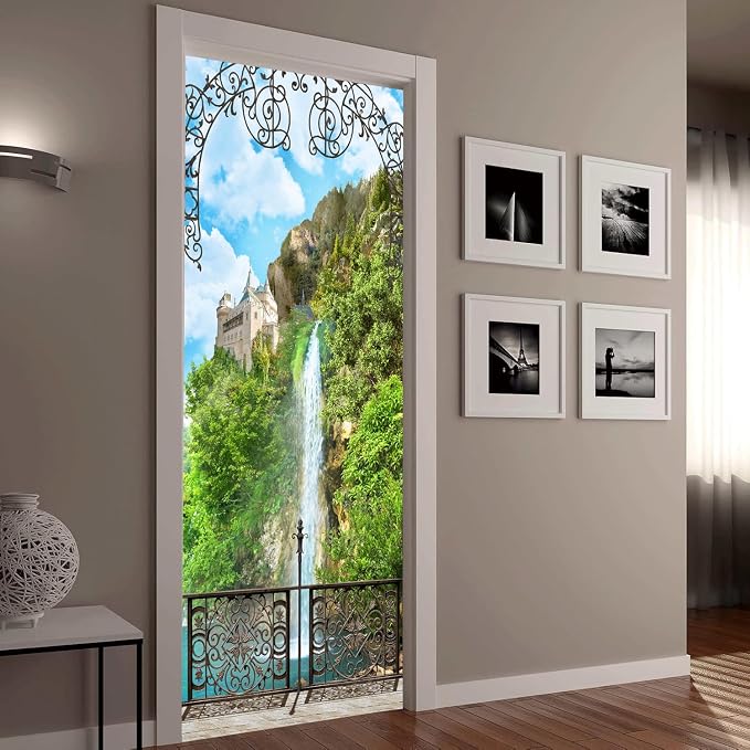 artfanke 3D Door Sticker Peel and Stick 30.3"x78.7" - Castle with Waterfall Self-Adhesive Door Murals Wallpaper Decal for Home Decor (2 Sheets/Set) - Image 9
