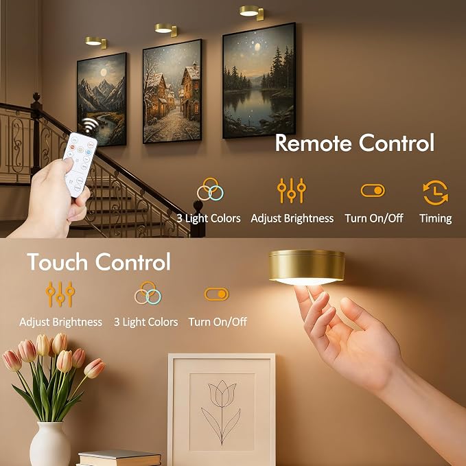 Picture Lights for Wall, Rechargeable Battery Wireless Poster Lights, Gold | LED Magnetic Painting Light with Remote Dimmable, Timer＆3 Lighting Modes, Wall Decor Puck Light for Frame Art Display, 3 Pack - Image 5