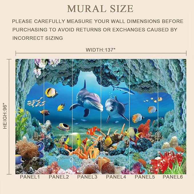 MFWFM Ocean Wallpaper Peel and Stick Underwater 3D Dolphin Wall Murals | 137"x96", for Bedroom Living Room Bathroom, Self Adhesive Canvas - Image 3