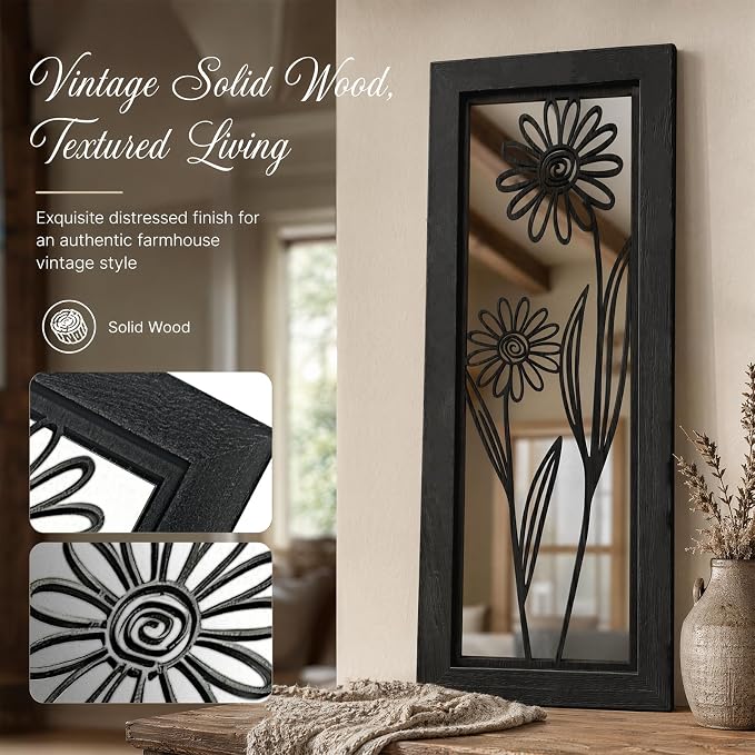 4 Set Farmhouse Mirrors for Wall Decor Living Room Bedroom Bathroom Entryway Wood Rustic Decorative Framed Hanging Wall-Mounted Accent Mirror Mounted Style - Distressed Black 16.5 in - Image 5