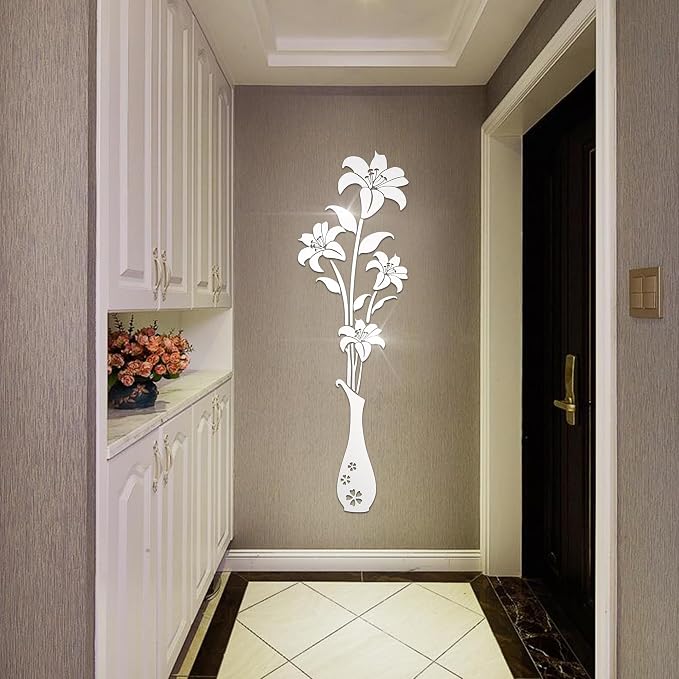 HNVNER Mirror Wall Decals - 3D Flower Wall Stickers Murals for Living Room Bedroom,DIY Walls Decor for TV Background and Sofa Backdrop (L, Mirror Silver) - Image 4