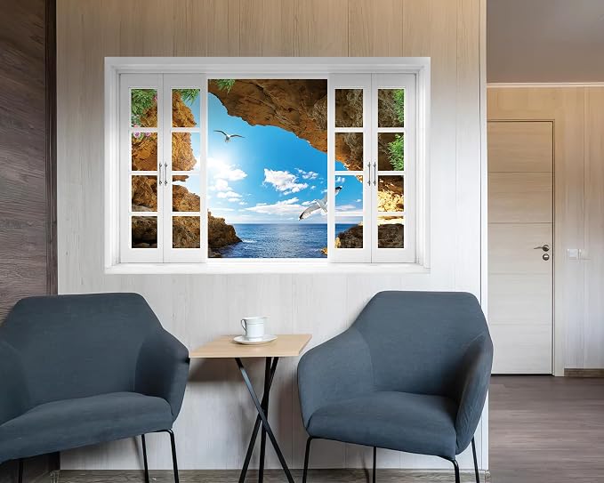 FLFK Fake Window Wall Mural - Seascape with Seagulls View Peel and Stick Decal, 48 x 32 inches, Set of 2 Sheets - Image 3