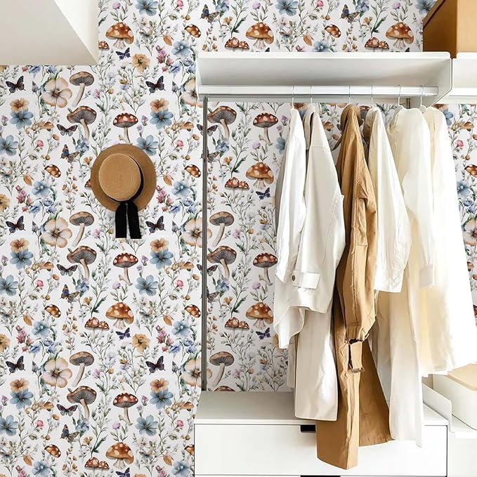 Froluya Mushroom Wallpaper Peel and Stick Boho Contact Paper 16.9" x 118.1" | Vintage Floral Self Adhesive Wallpaper Mushroom Removable Waterproof Contact Paper Peel and Stick for Cabinet Bathroom Vinyl - Image 3