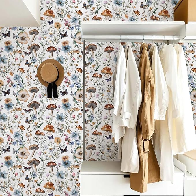 Froluya Mushroom Wallpaper Peel and Stick Boho Contact Paper 16.9" x 196.8" | Vintage Floral Self Adhesive Wallpaper Mushroom Removable Waterproof Contact Paper Peel and Stick for Cabinet Bathroom Vinyl - Image 3