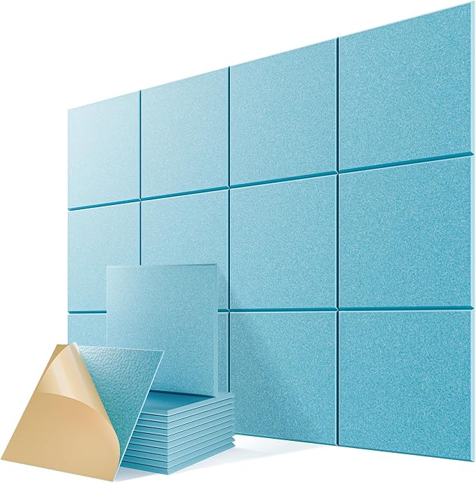 12 Pack Self-Adhesive Acoustic Panels, 12" X 12" X 0.4" High-Density Sound Proof Foam Panels for Walls, Soundproof Wall Panels for Home & Office (Aqua Blue) by Lebenforce