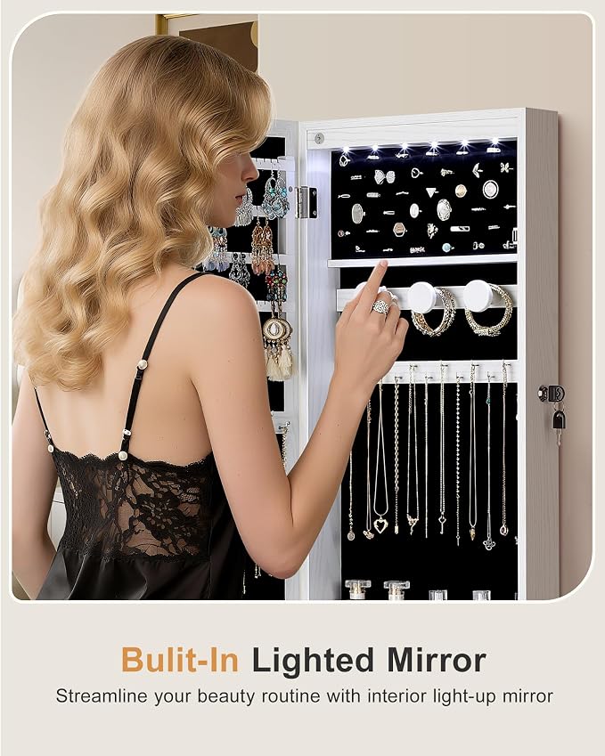 Nicetree 6 LEDs Mirror Jewelry Cabinet, Jewelry Organizer with Full Length Mirror, Wall/Door Mounted Jewelry Organizer, Full Length Mirror with Storge (Textured White) - Image 7