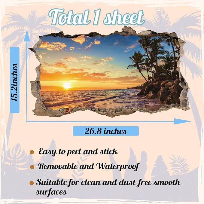 Sunset Beach Wall Decals 3D Broken Walls Stickers Peel and Stick Art Murals | Sunset palm tree stickers, removable beach seascape vinyl decal, for bedroom living room kitchen summer art print decorative - Image 6