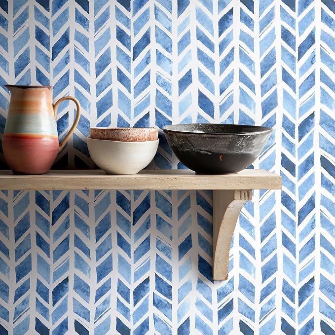 RUSPEPA Herringbone Peel and Stick Wallpaper, Blue Coastal Chevron Design, Modern Geometri Self-Adhesive Waterproof Contact Paper for Accent Wall, Bedroom, Modern Home Décor, 17.3 Inch x 6.5 Feet by RUSPEPA