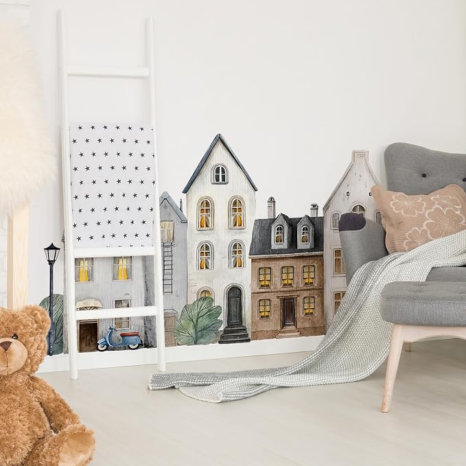 Watercolor Towns Village Wall Decal, Peel and Stick Nursery Mural Wall Stickers for Kids, Boys and Girls Room, Bedroom & Toddler Room Decor - Image 5