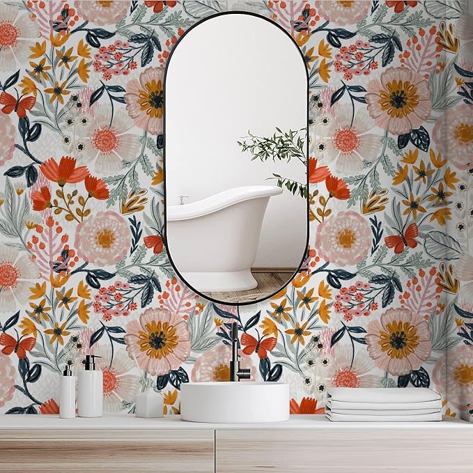 HAOKHOME Pink Floral Wallpaper Peel and Stick Botanical 17.3in x 32.8ft | Textured Boho Wall Paper Modern Renter Friendly Removable Flower White Orange Stick on Mural Bathroom Bedroom Accent Decor - Image 3