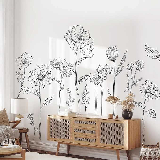 Large Black Boho Flower Wall Decals, 3 Sheets Simple Sketch Floral Wall Stickers Peony Wildflower Peel Stick Wall Art Decor Bedroom Home Room Office Garden Hall Adult Gifts for Mom(11.8x35.4 in/Sheet) by Supzone