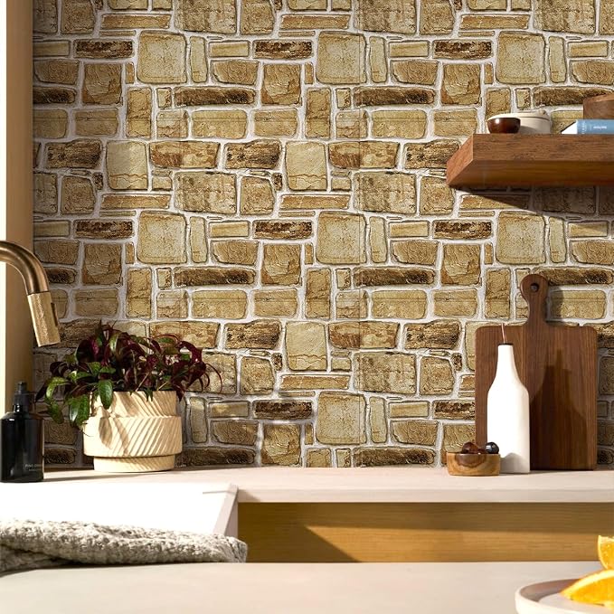 COMSTICKC 3D Faux Stone Wall Panels Peel and Stick, 10 Pcs 11.8" x 11.8" | Yellow Brown, Not Real Stone, Ultra-Light Thin PVC 3D Fake Rock Wall Sticker Covering for DIY Interior Decor, Cover 9.7 sq ft - Image 7