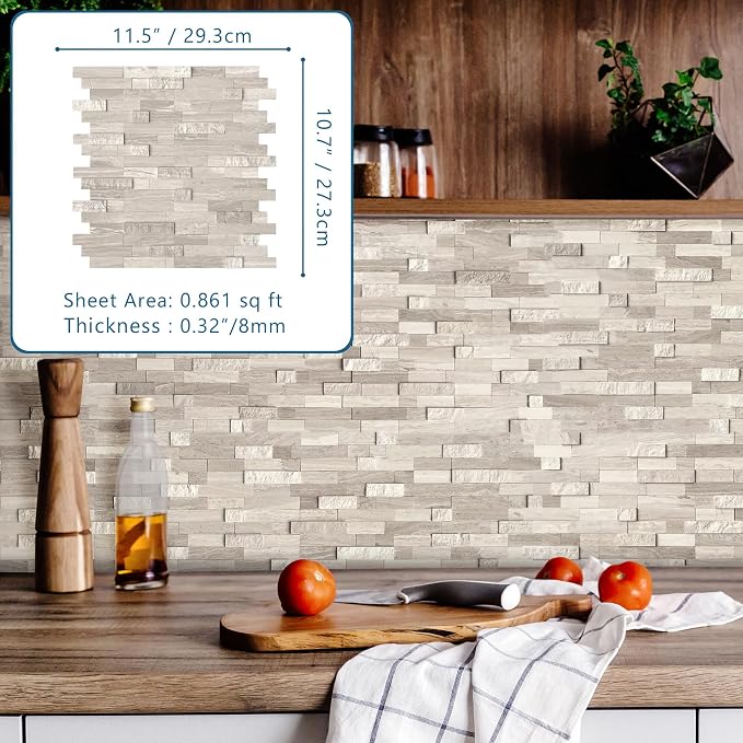 SUNWINGS 5-Sheet Peel and Stick Mosaic Natural 3D Stone Self Adhesive Marble Tiles, 11.5" x 10.7" Stick on Backsplash for Kitchen Bathroom Fireplace Vanity, Mixed Tan - Image 2