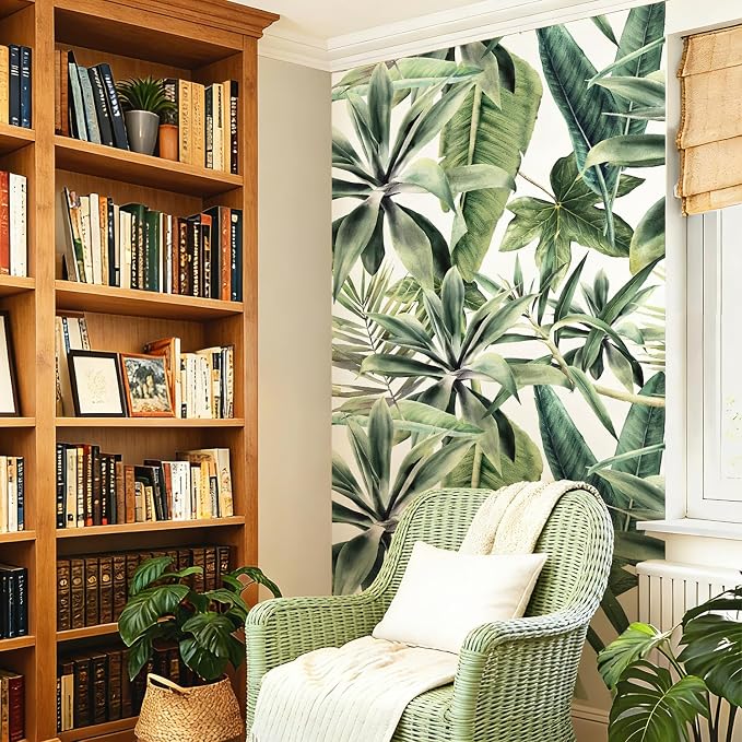 Tropical Peel and Stick Watercolor Green Leaves Wall Mural, Leather Textured Vintage Self-Adhesive Wallpaper for Accent Wall Decor, White Background, 46.3'' x 98.03'' - Image 2