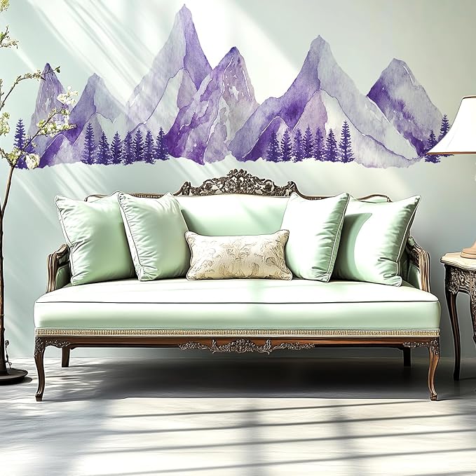 Purple Watercolor Mountain Wall Decals Peel and Stick - Scenic Mountain Pine Trees Forest, Boho Nature Landscape Vinyl Sticker for Bedroom, Nursery, Living Room - Removable Wall Mural Decor - Image 8