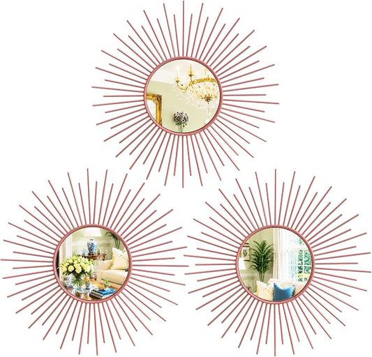 3 Pack Metal Mirrors for Wall Sunburst Wall Mirrors Home Décor Decorative Hanging Wall Art for Living Room Bedroom Entryway (Pink, Sunburst) by Uaussi