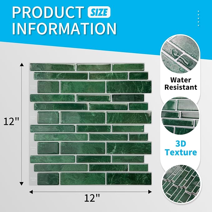 Art3d Marble Design Peel and Stick Backsplash, 10-Sheet, 12 x 12 in, Green | Lightweight, Self Adhesive, Moisture Resistant, Easy to DIY, Modern Style, for Kitchen, Bedroom, Ideal for New Home Buyers - Image 4