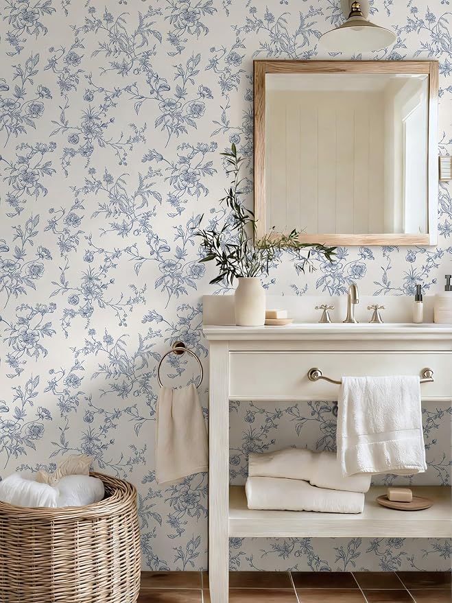 Ismoon Peel and Stick Wallpaper Floral Vintage Stick on Wall Paper Blue and White Contact Paper for Cabinet French Textured Removable Self Adhesive Wallpaper Vinyl for Bedroom Wall Deco 17.3 x 393in - Image 8