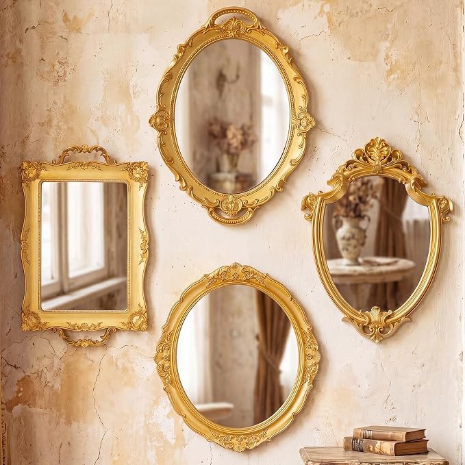 Beeveer 4 Pcs Vintage Gold Wall Mirror Set Luxury Gallery Wall Mirror Decorative Hanging Antique Decor for Living Room Entryway Wedding Bedroom Bathroom Victorian Decor (Classic,Gold) by Beeveer