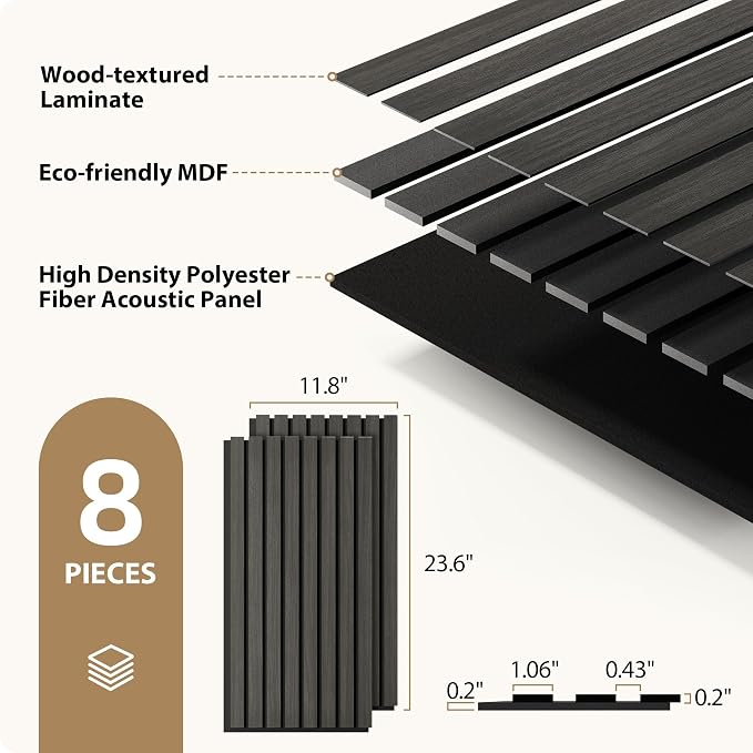 INMOZATA 8 Pack Peel and Stick Acoustic Wood Slat Wall Panels Matte Black | 3D Fluted Textured, Soundproof Accent Wall Paneling for Interior Wall Decor Fireplace Living Room Bedroom Office, 11.8"x23.6" - Image 4