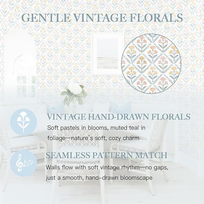 Dimoon 17.3''x393'' Peel and Stick Wallpaper Floral Boho Contact Paper Cute Vintage Village Wallpaper Farmhouse White Blue Renter Friendly Geometry Grid Waterproof Embossed Kitchen Bedroom Vinyl - Image 8