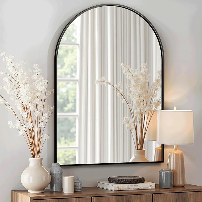 Arched Bathroom Mirror for Wall, 30" x 20" Metal Frame Vanity Mirror, Black by TRAHOME