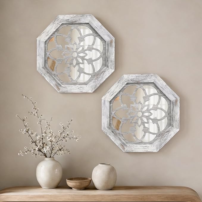 2 Pack 12 Inch Octagon Grey Rustic Wood Frame Acrylic Wall Mirrors, Farmhouse Boho Wall Art Decor for Living Room, Bedroom, Hallway, Entryway, Bathroom & Office by HMANGE