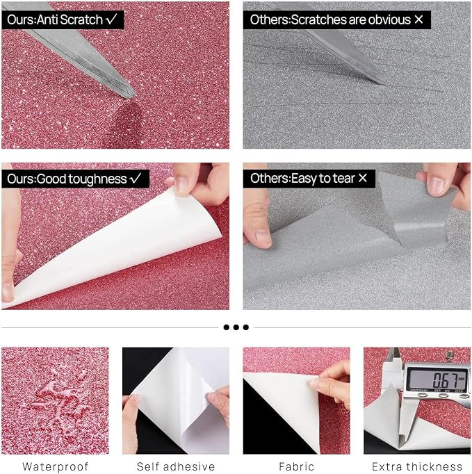 FunStick 3.9"x472" Dark Pink Glitter Peel And Stick Bathroom Mirror Frame Self Adhesive Sparkle Pink Wall Paper Stickers For Classroom Bulletin Board Waterproof - Image 4
